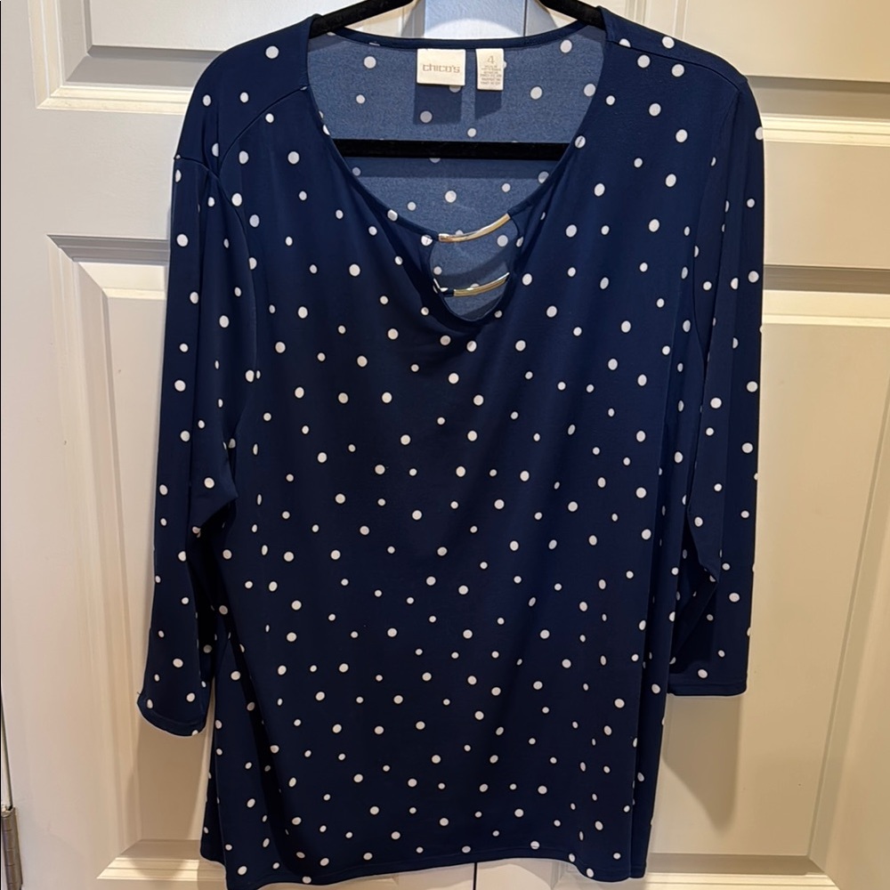 Chico's  Navy Polka Dot plus size 4 Women's Top with silver necklace trim